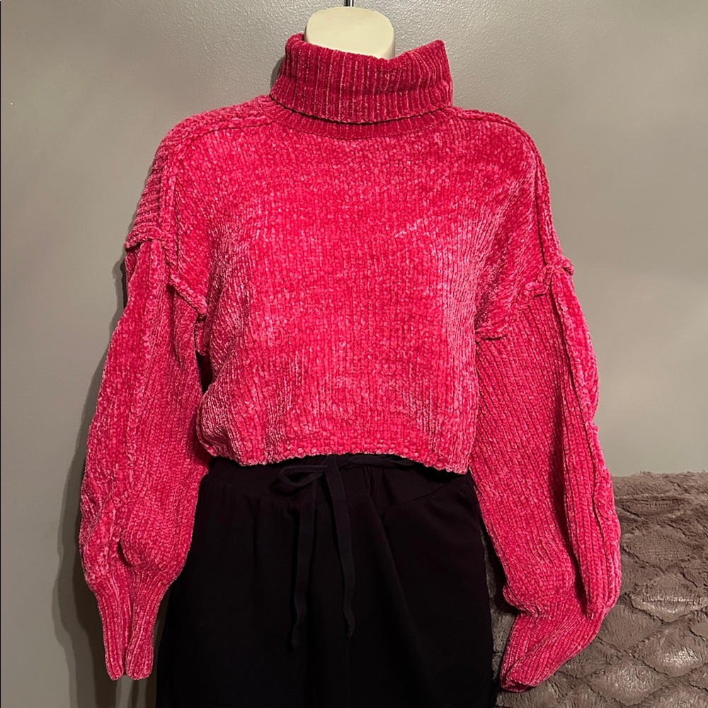 Altar’d State Hot Pink Cropped Chenille Turtleneck Sweater oversized & NWT